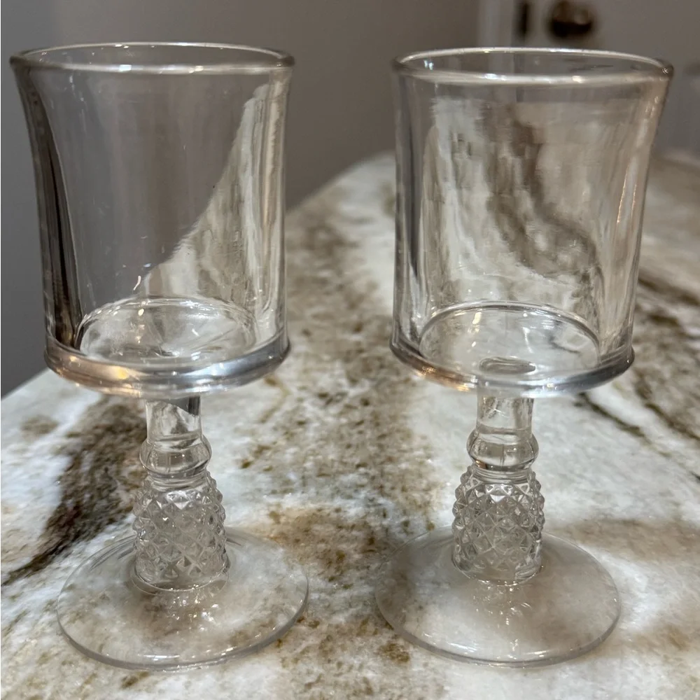Vintage Pressed Glass Cordial Goblets Pair, 4.25” Diamond Cut Stems liqueurs